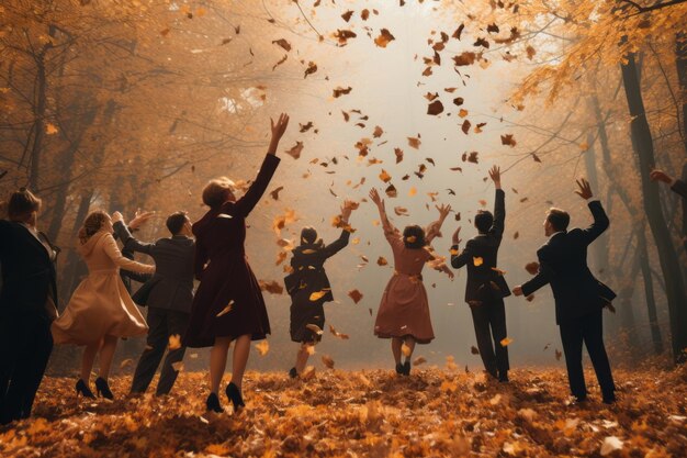 Vreugdevolle Chaos Een speelse bijeenkomst van mannen en vrouwen die de gevallen bladeren van de herfst omarmen