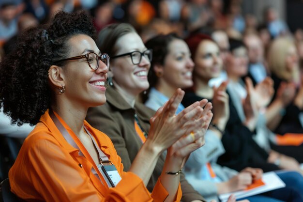 Vreugdevolle collega's in een congrescentrum zitten en klappen op een conferentieseminaar hun klappen symboliseert succes en gedeeld geluk in de zakenwereld