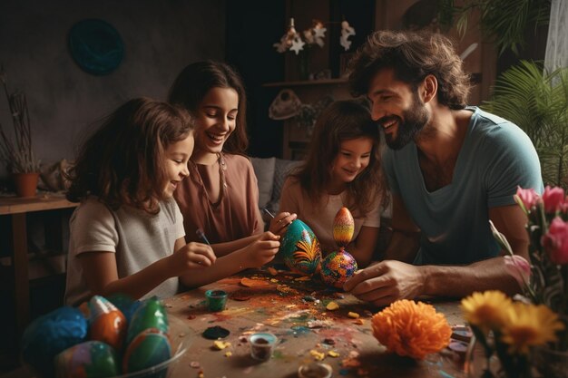 Vreugdevolle familie bezig met een easter egg schilderen een 00460 02