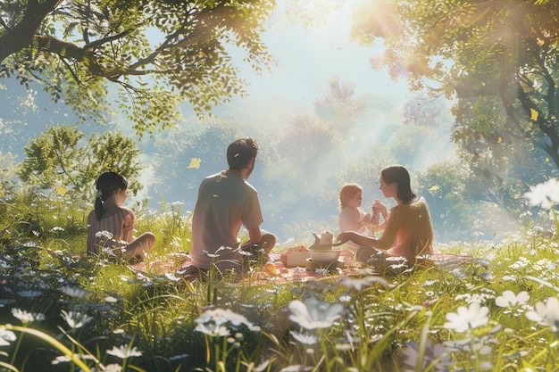 Vreugdevolle familie picknick in een zonnige weide octane ren