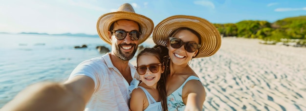 Vreugdevolle familie vangt herinneringen op het strand met een leuke selfie sessie