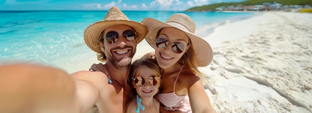 Vreugdevolle familie vangt samen herinneringen aan het strand op in een leuke selfie-sessie