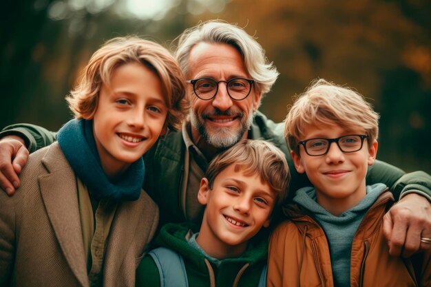 Vreugdevolle familieportret vader met hun kinderen allemaal gelukkig glimlachend voor de kerstverlichting