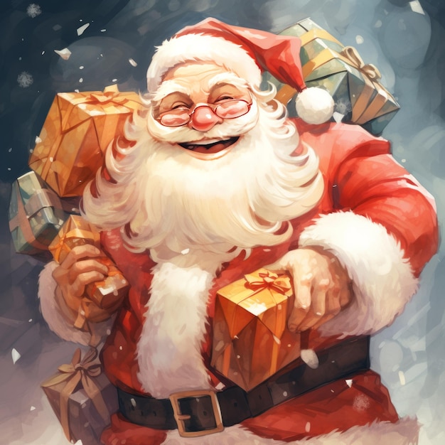 Vreugdevolle feesten Een heerlijke aquarel schilderij van de kerstman die lacht en geschenken brengt in een ca