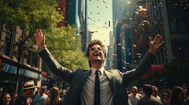 Vreugdevolle gelukkige zakenman in een pak zwaait zijn hand naar mensen in een grote stad Concept bedrijf