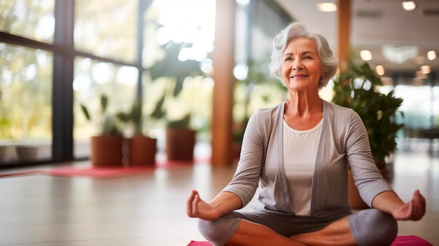 Vreugdevolle glimlachende oudere vrouw die tijdens de sessie yoga-oefeningen en meditatie beoefent