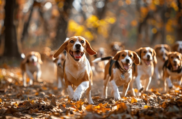 Vreugdevolle groep Beagle Buddies die zich vermaken in de herfst omarmen generatieve AI