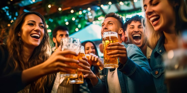 Vreugdevolle groep vrienden die samen hun bierkopjes klinken om de feestelijke sfeer van het Oktoberfest te vieren