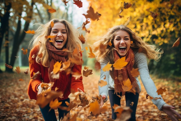 Vreugdevolle herfstspektakel Jonge vrienden vermaken zich met het gooien van bladeren