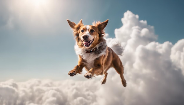 Vreugdevolle hond die boven de wolken vliegt