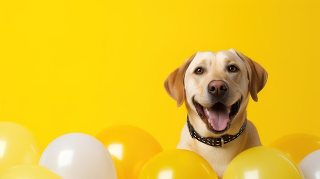 Vreugdevolle hond met ballonnen op een feestelijke gele achtergrond Banner postkaart kopie ruimte