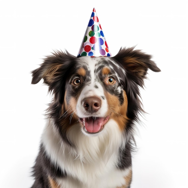 Vreugdevolle hond met een heldere verjaardagshoed