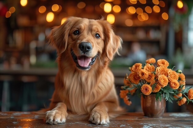 Foto vreugdevolle hond met oranje bloemen geschikt voor pet marketing ai gegenereerd