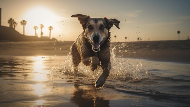 Vreugdevolle hond vliegt door de lucht om een frisbee te vangen in Midleap