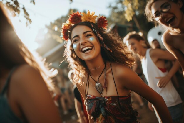 Vreugdevolle jeugd bonding op het zomerfestival met filmkorrels