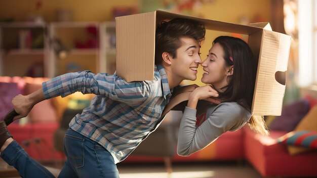 Vreugdevolle jonge man die een doos sleept met zijn vriendin erin en haar zoent