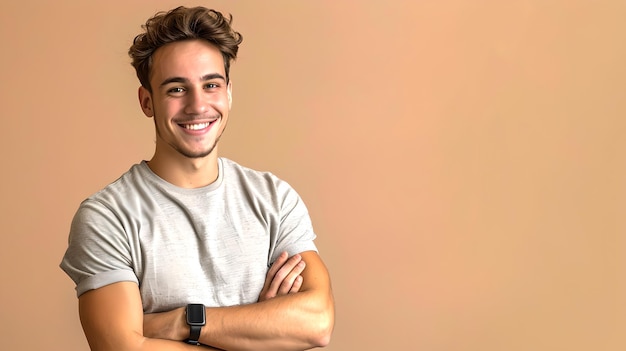 Vreugdevolle jonge man die glimlacht met de armen gekruist casual stijl neutrale achtergrond perfect voor lifestyle marketing AI