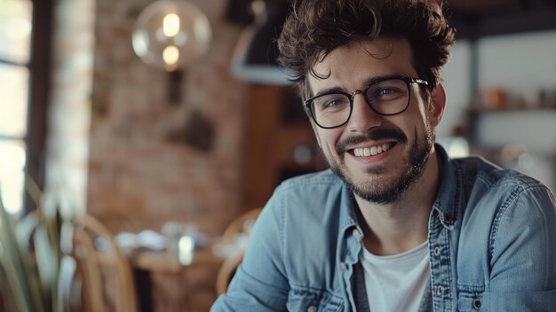 Vreugdevolle jonge man met een bril die glimlacht in een gezellige café.