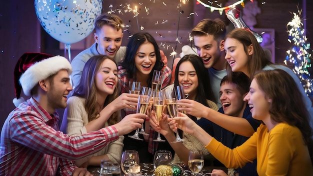 Vreugdevolle jonge volwassenen drinken champagne en gebruiken vonken op het nieuwjaarsfeest thuis