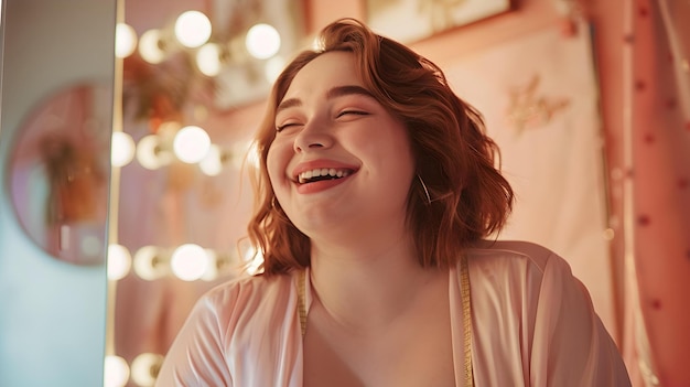 Vreugdevolle jonge vrouw die glimlacht met flikkerende lichten casual indoor shot natuurlijke emotie zacht licht portret AI