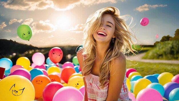 Foto vreugdevolle jonge vrouw die met ballonnen speelt op een zonnige dag