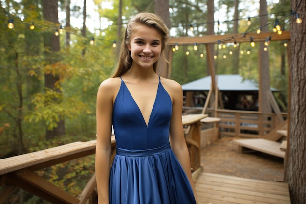 Vreugdevolle jonge vrouw in blauwe jurk geniet van bos retraite Ideaal voor het tonen van buitenfeesten natuurlijke omgevingen en jeugdige vreugde oproept gevoelens van sereniteit te midden van bos feest