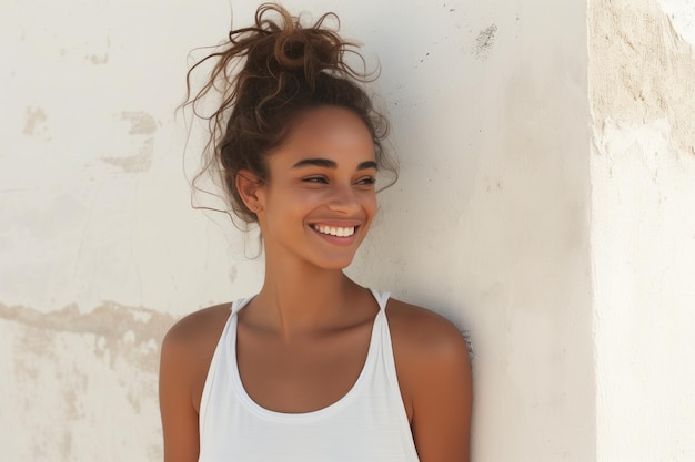 Foto vreugdevolle jonge vrouw met een stralende glimlach en casual stijl