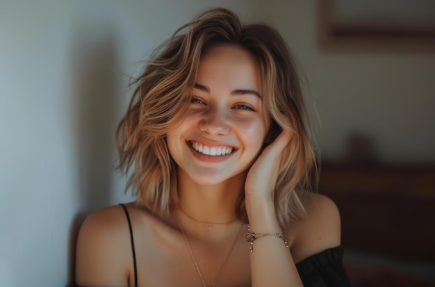 Vreugdevolle jonge vrouw met een stralende glimlach in natuurlijk licht