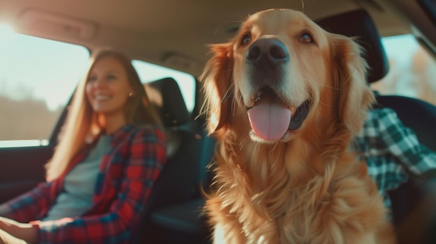 Vreugdevolle jonge vrouw met gouden retriever hond reizen met de auto terwijl ze met de auto reizen naar een vakantie