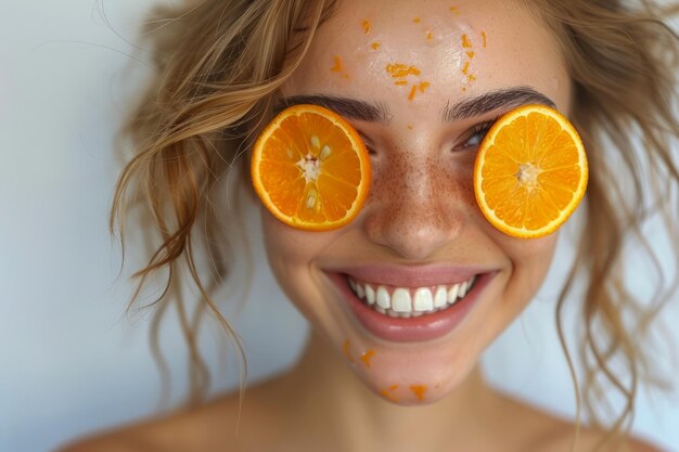 Vreugdevolle jonge vrouw met oranje ogen en sappige spetteringen Levendig zomerconcept Verse citrus