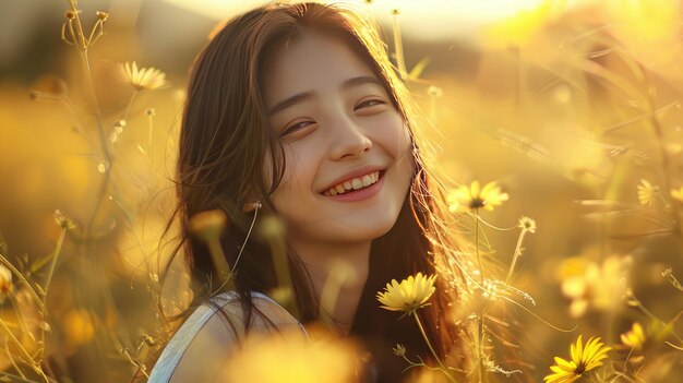 Vreugdevolle jonge vrouw met wind in haar glimlachend in de zonnige natuur