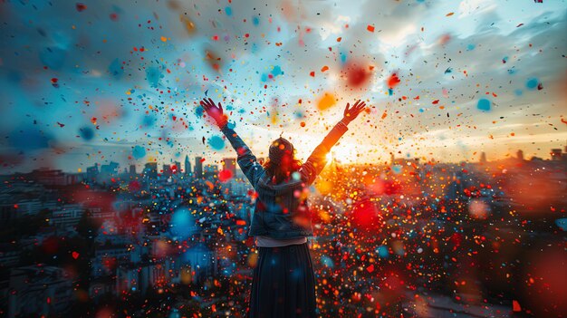 Foto vreugdevolle jonge vrouw viert met kleurrijke confetti boven de skyline van de stad