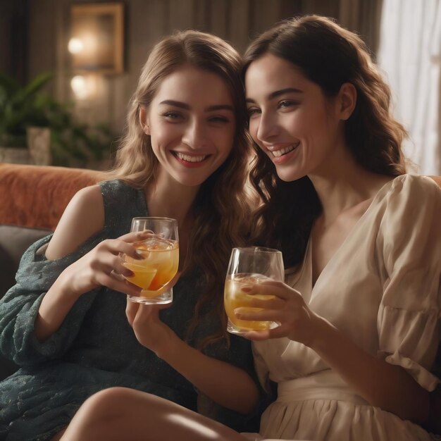 Vreugdevolle jonge vrouwen die elkaar knuffelen en glazen drinken op de bank.