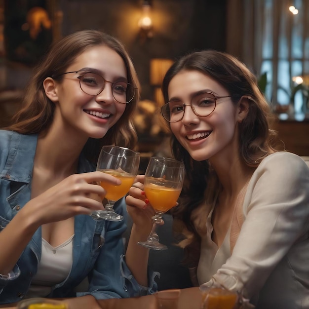 Vreugdevolle jonge vrouwen knuffelen met glazen drank op de bank bij de tafel