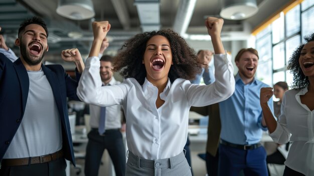 Foto vreugdevolle kantoorwerkers vieren een succes met hun handen omhoog en een grote glimlach op hun gezicht in een heldere moderne kantoorruimte