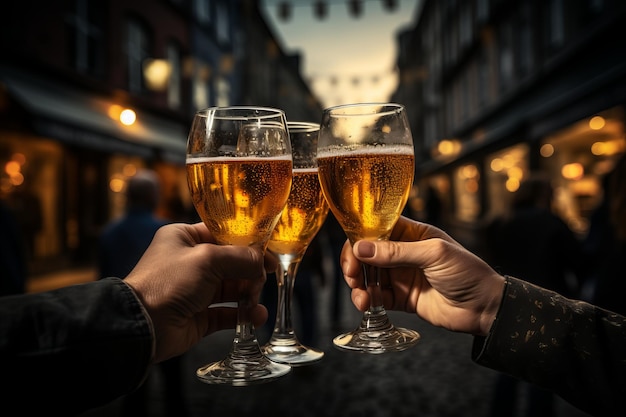 Vreugdevolle kerstavondfeest feestelijke viering met vrienden toasten met sprankelende champagne