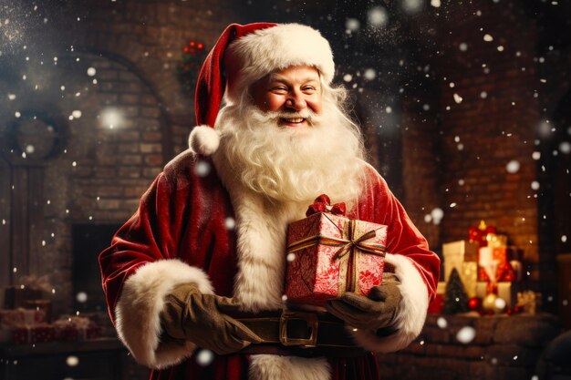 Vreugdevolle kerstman met geschenkkistjes op kerst achtergrond