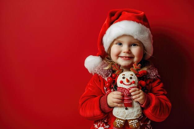 Vreugdevolle Kerstmis Aardig meisje met peperkoekjes en de Kerstman op rode achtergrond