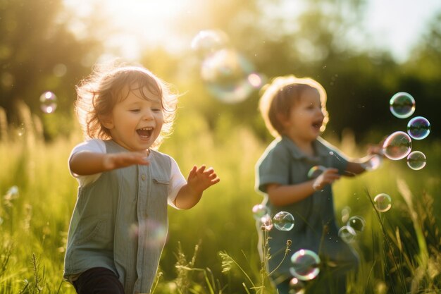 Vreugdevolle kinderen blazen bubbels tussen wilde bloemen