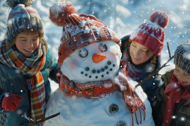Vreugdevolle kinderen bouwen een sneeuwman en kleden hem