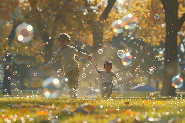 Vreugdevolle kinderen die met bubbels spelen en achter elkaar jagen.