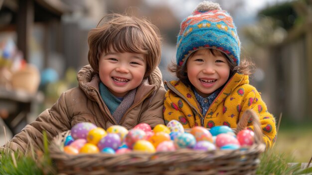 Vreugdevolle kinderen genieten van een paaseierjacht in de open lucht in de lente