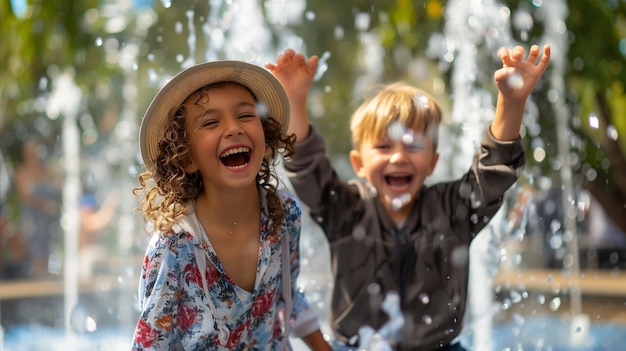 Foto vreugdevolle kinderen lachen en spelen in een fontein.