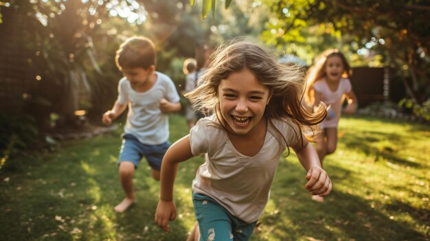 Vreugdevolle kinderen spelen een energiek spel van tag vol gelach en grenzeloze energie in een zonnige achtertuin