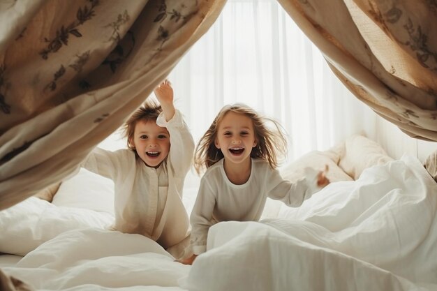 Vreugdevolle kinderen zussen broers spelen en springen op het bed in de slaapkamer