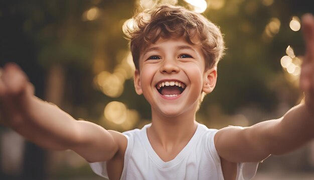 Foto vreugdevolle kleine jongen in wit t-shirt die een selfie maakt met zijn mobiele telefoon buiten
