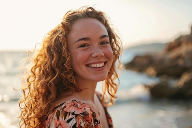 Vreugdevolle krullende vrouw op het strand.