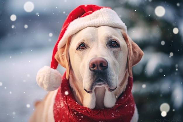 Vreugdevolle Labrador in een kerstmanhoed tegen de winter sneeuw achtergrond buiten Generatieve AI