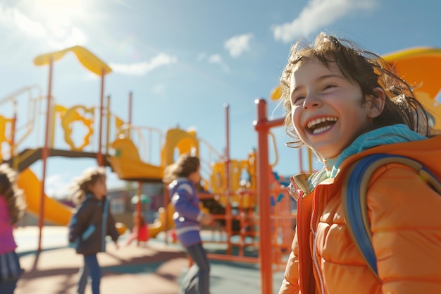 Vreugdevolle lach van kinderen die op een speeltuin spelen