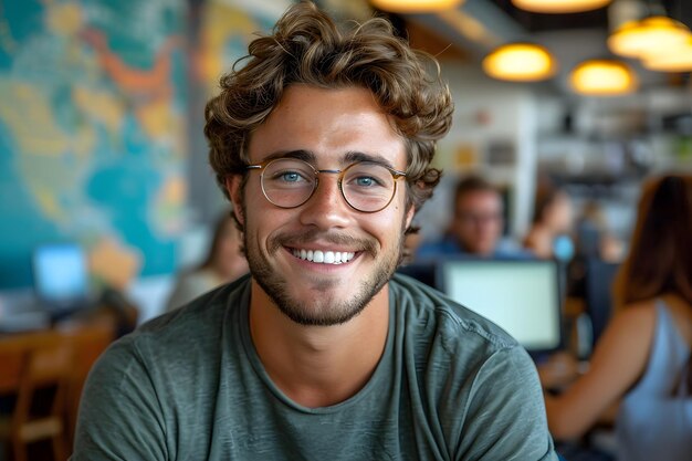 Vreugdevolle man met een bril en een groen T-shirt glimlacht naar de camera die in een modern kantoor zit